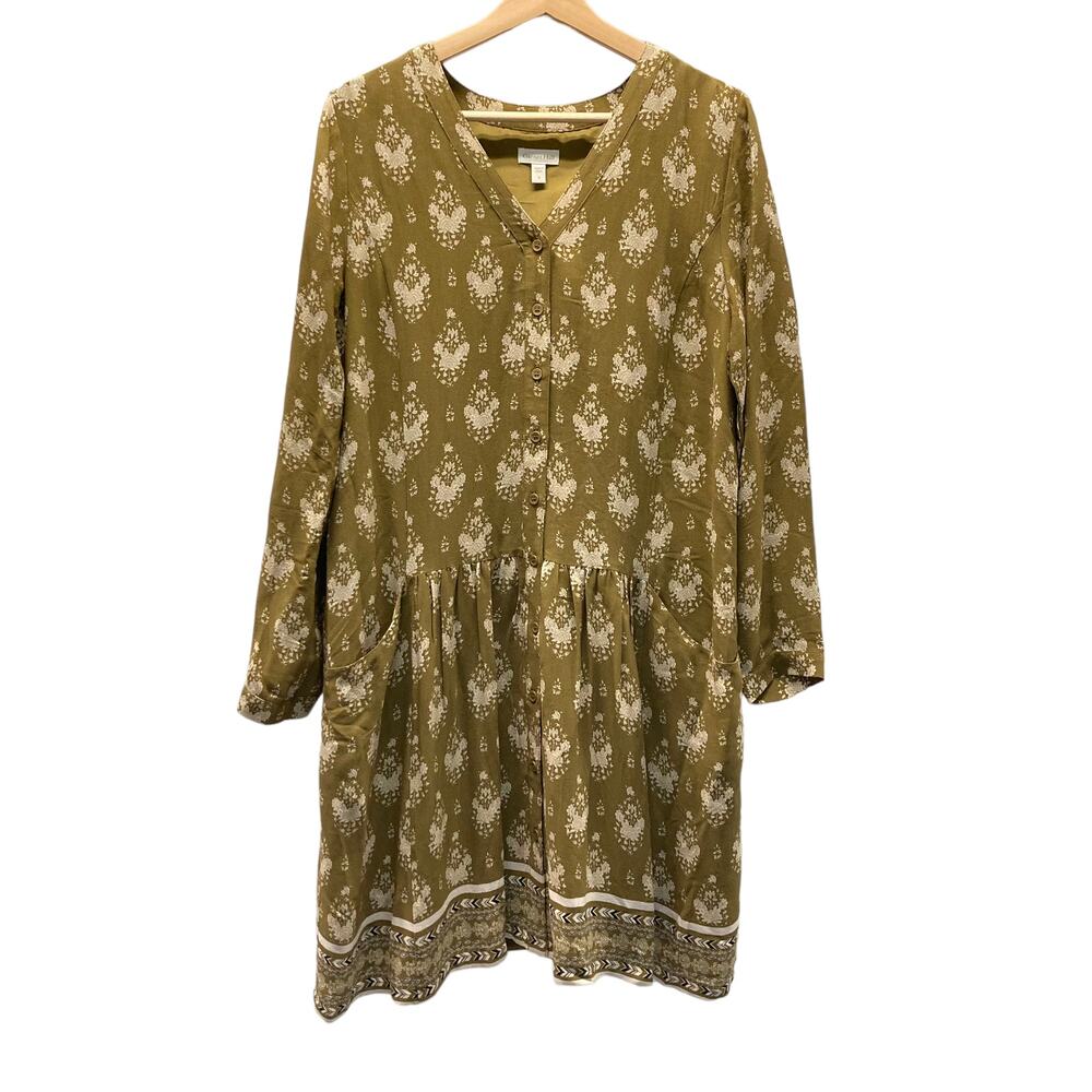 Garnet Hill Moss Green Shirtdress Long Sleeve Button Dress Floral